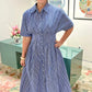 Button Pleated Shirt Dress - Blue