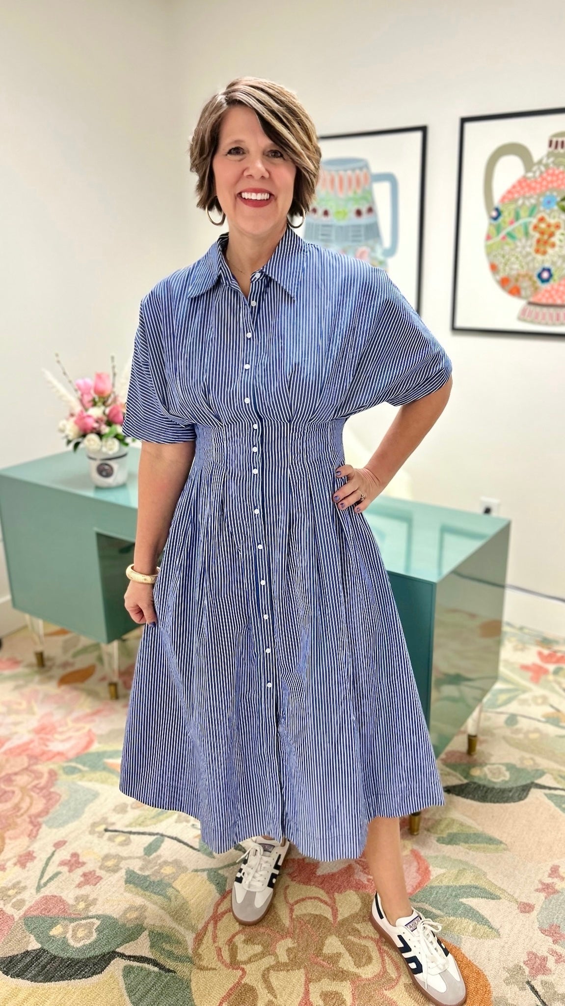 Button Pleated Shirt Dress - Blue