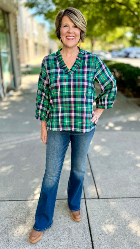 Plaid Ruffle Neck Top - Green