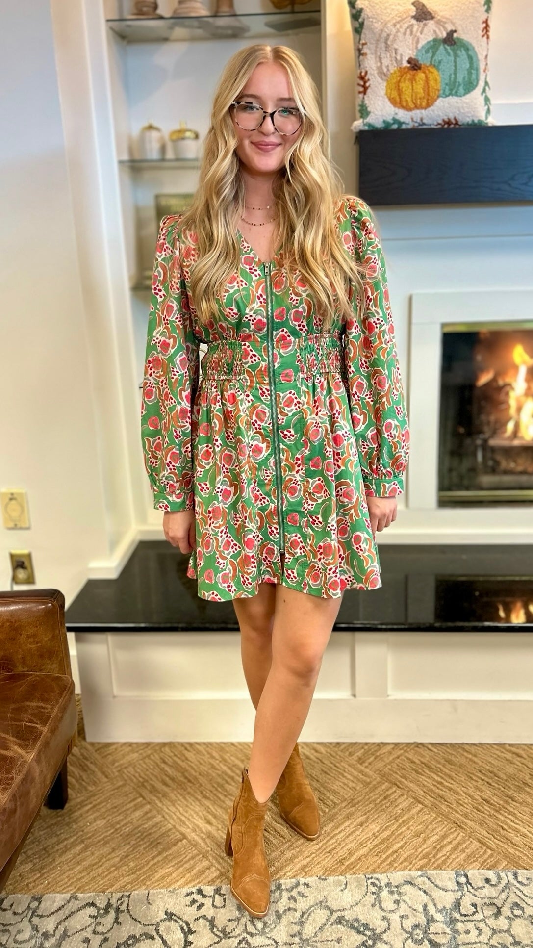 Green Floral Zip Mini Dress