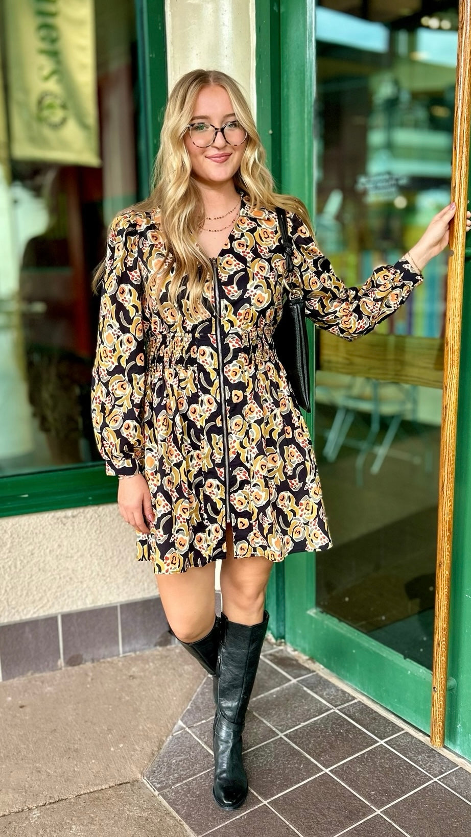 Black Floral Zip Mini Dress