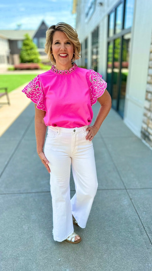 Pink Eyelet Flutter Sleeve Top