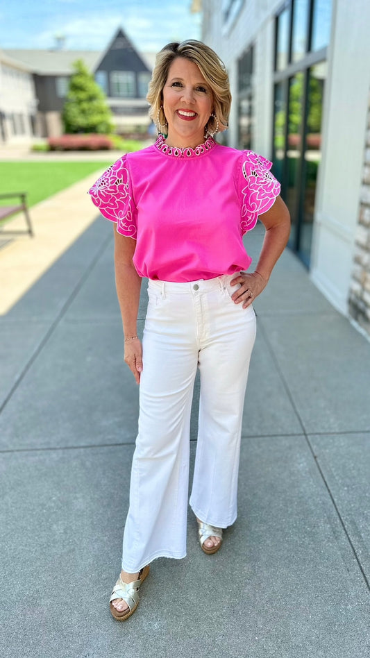 Pink Eyelet Flutter Sleeve Top